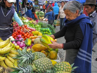 Markt in Ecuador met kleurrijke kraam vol tropisch fruit en groenten, terwijl een vrouw papaja uitzoekt.