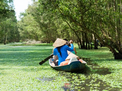Boottocht door de Mekongdelta in Vietnam, langs groene waterplanten en mangrovebomen.