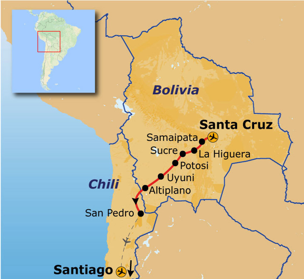 Routekaart Bolivia en Chili met reisroute langs Santa Cruz, Sucre, Potosí, Uyuni, Altiplano en San Pedro.
