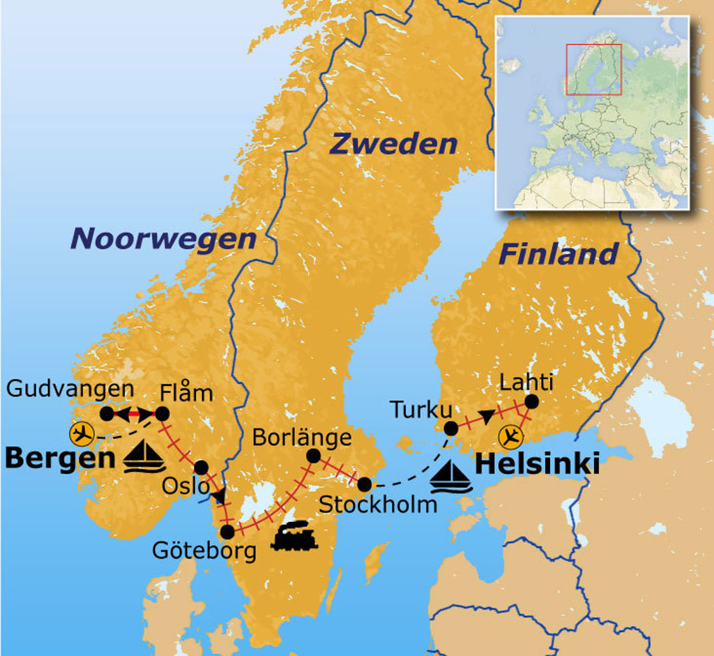 Routekaart Scandinavië met reisroute langs Bergen, Oslo, Göteborg, Stockholm, Turku en Helsinki.