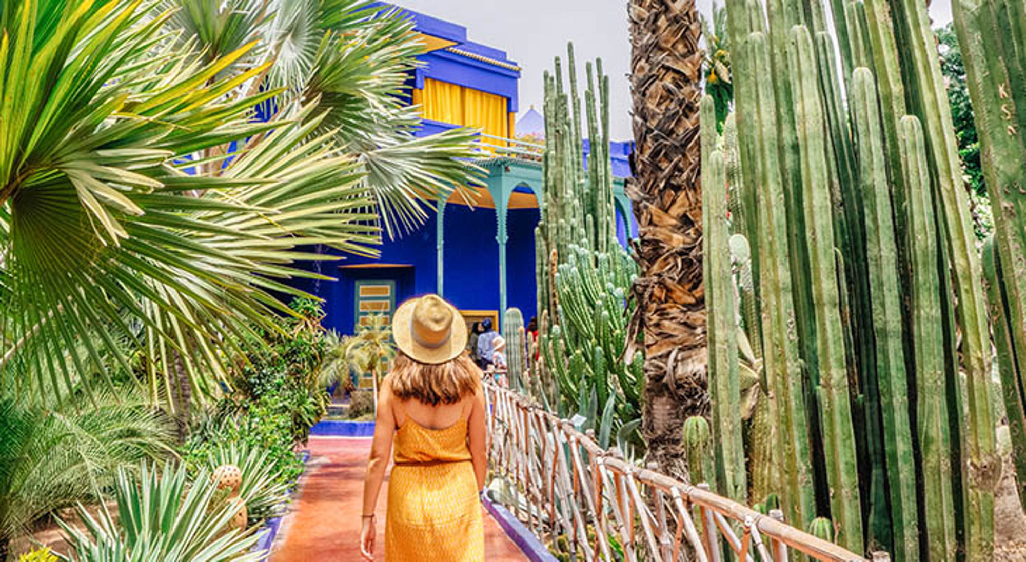 Bezoeker loopt door de Jardin Majorelle in Marrakech langs cactussen en het blauwe Majorelle-huis.