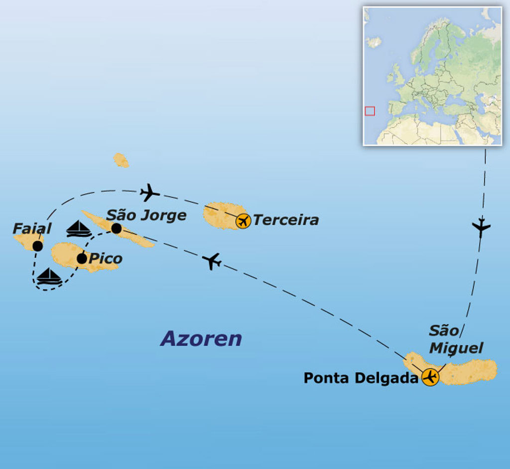 Routekaart Azoren met reisroute langs São Miguel (Ponta Delgada), Terceira, São Jorge, Pico en Faial.