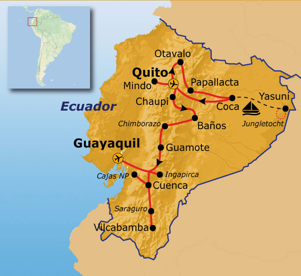 Routekaart Ecuador 22 dagen met Quito, Otavalo, Baños, Coca, Cuenca, Guayaquil en Vilcabamba.