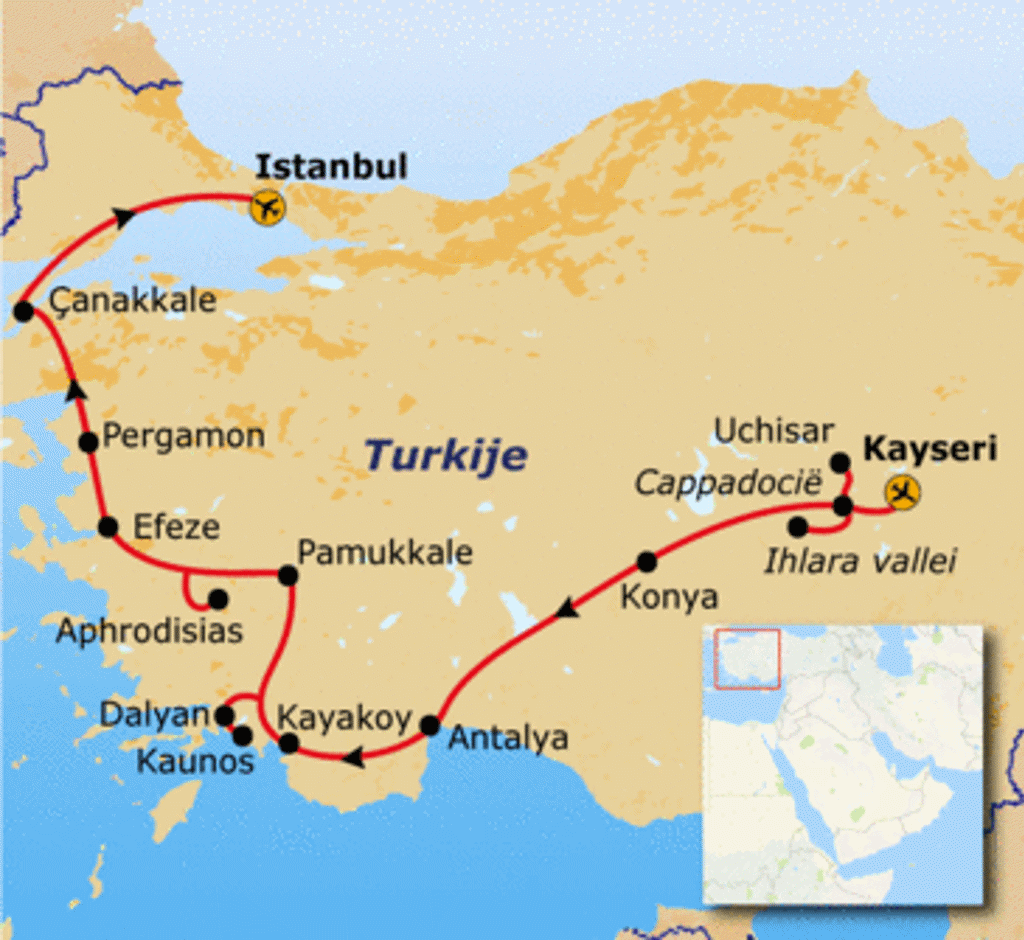 Routekaart rondreis Turkije Hoogtepunten met Istanbul, Efeze, Pamukkale, Antalya, Konya en Cappadocië.
