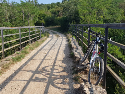 Fiets op brug langs een groene fietsroute, passend bij een fietsvakantie in Slovenië.