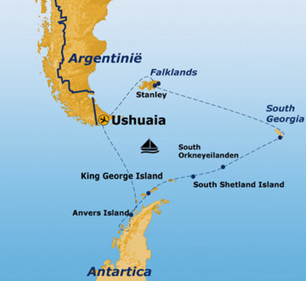 Routekaart Antarctica, Falklands en South Georgia met vertrek vanuit Ushuaia.