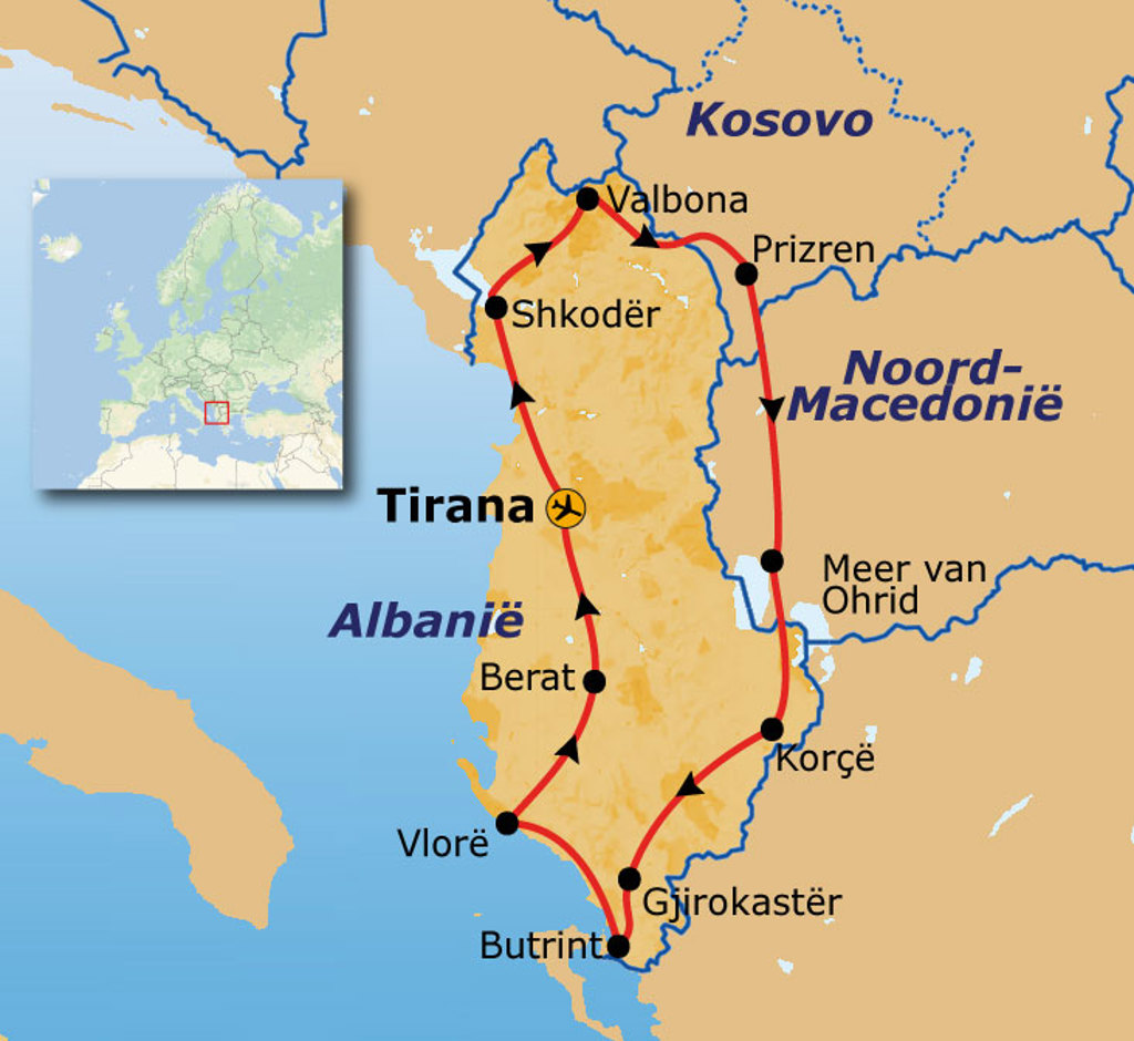 Routekaart Albanië, Kosovo en Noord-Macedonië met reisroute langs Tirana, Shkodër, Prizren en Meer van Ohrid.