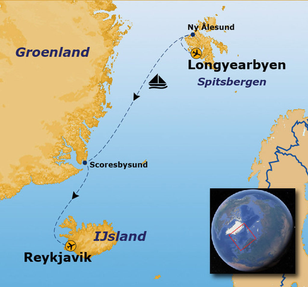 Routekaart Spitsbergen, Groenland & IJsland met vaarroute van Longyearbyen via Scoresbysund naar Reykjavik.