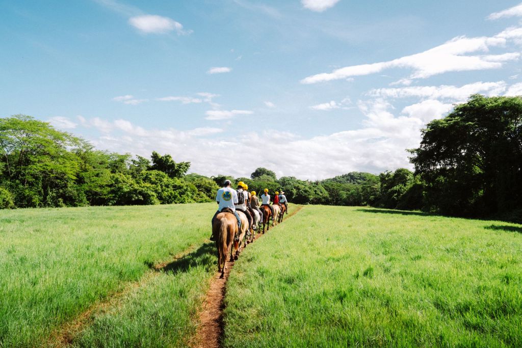Ruiters te paard op een groen pad door de natuur in Costa Rica tijdens een familiereis.