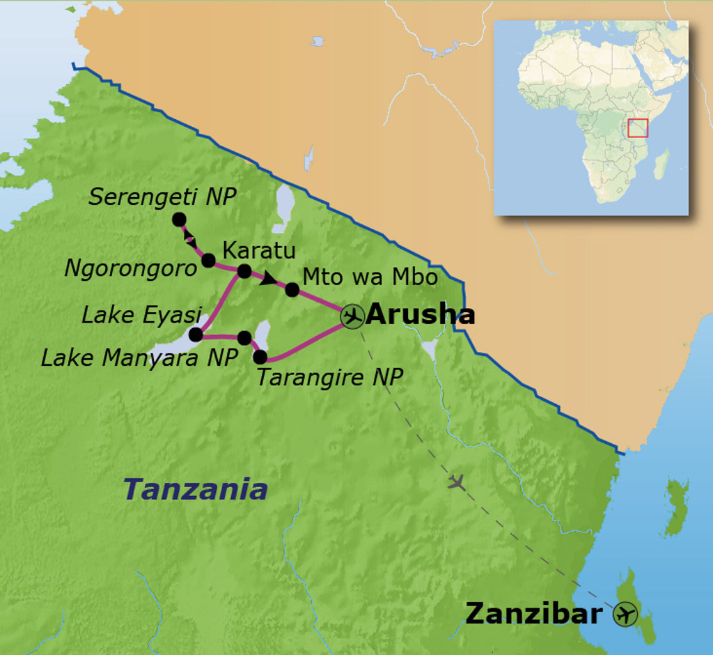 Routekaart familiereis Tanzania en Zanzibar met Arusha, Serengeti, Ngorongoro, Lake Manyara, Tarangire en Zanzibar.
