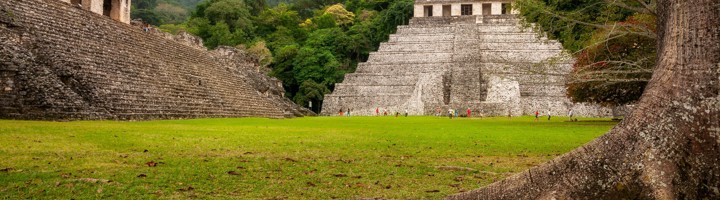 Maya-ruïnes van Palenque met tempelpiramide op een groen plein, omringd door jungle in Mexico.