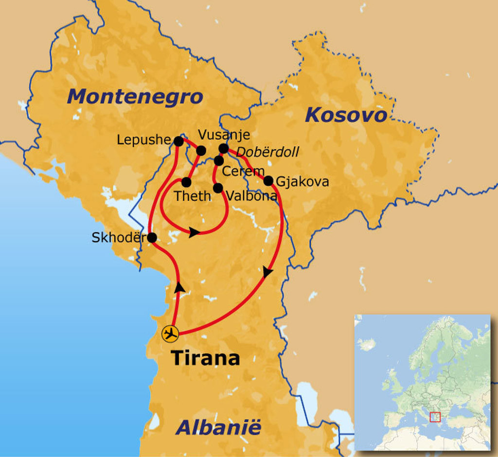 Routekaart Balkan wandelreis met traject van Tirana via Shkodër, Theth en Valbona naar Kosovo en Montenegro.