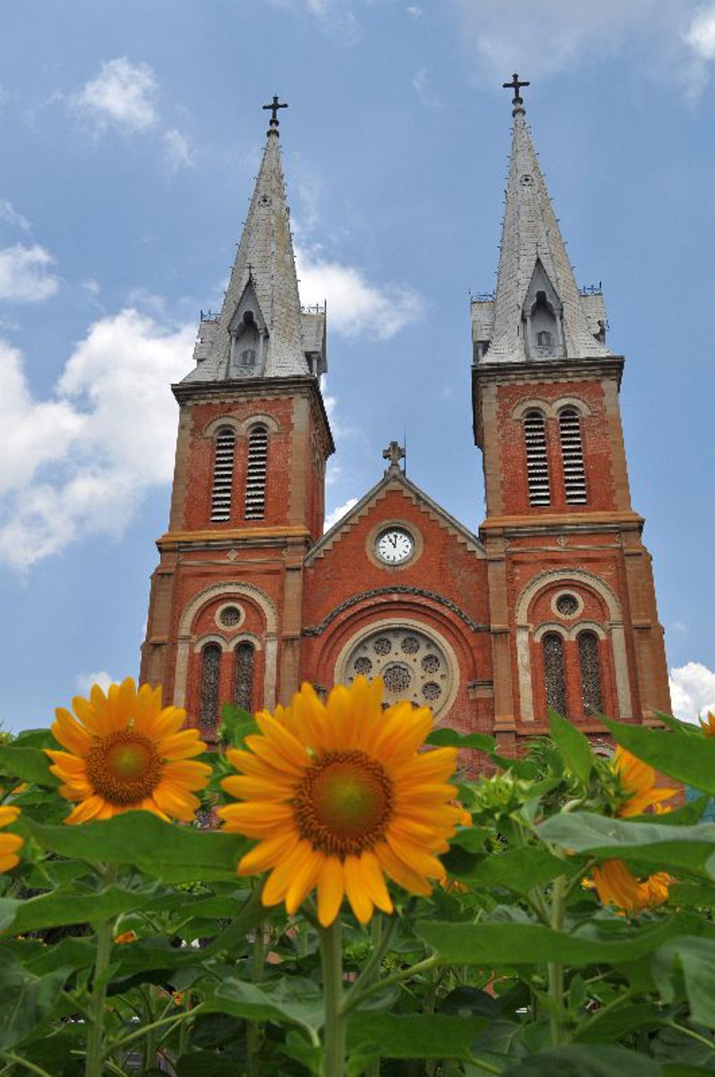 Notre-Dame kathedraal in Ho Chi Minhstad met zonnebloemen op de voorgrond tijdens een groepsrondreis Vietnam kort.