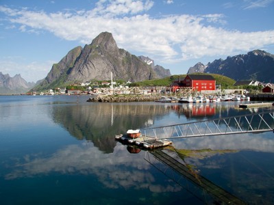 Haven op de Lofoten met rode vissershuizen, boten en berglandschap weerspiegeld in het water.