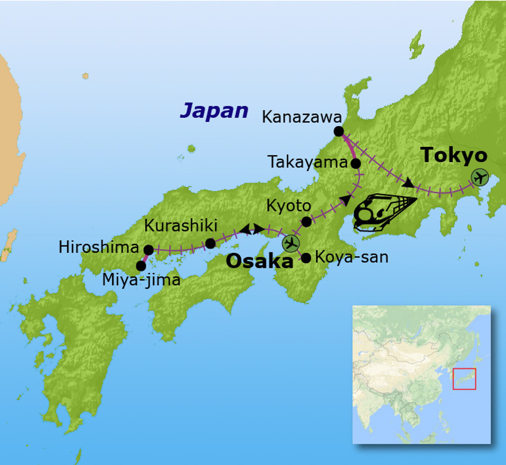 Routekaart Japan 16 dagen met reisroute langs Tokyo, Kanazawa, Takayama, Kyoto, Osaka en Hiroshima.