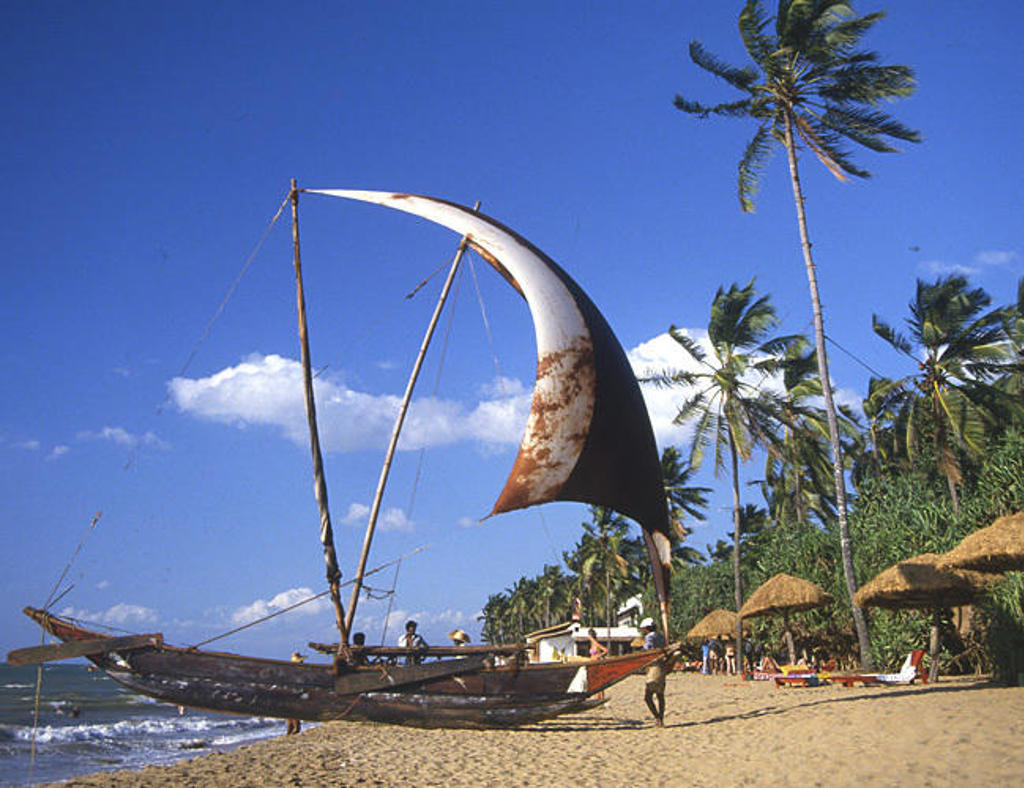 Traditionele vissersboot op het strand van Zuid-India met palmbomen en blauwe lucht.
