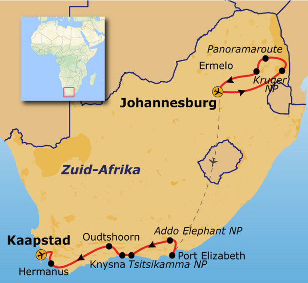 Routekaart Zuid-Afrika van Johannesburg via Kruger NP en de Tuinroute naar Kaapstad.