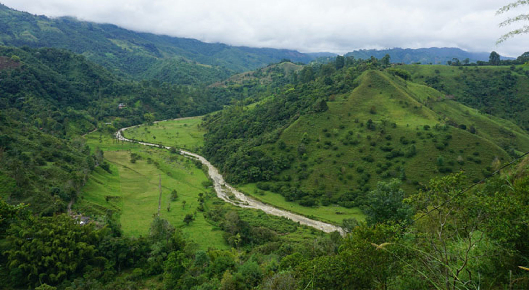 Salento Groene bergvallei in Colombia met een kronkelende rivier en heuvels onder een bewolkte lucht.