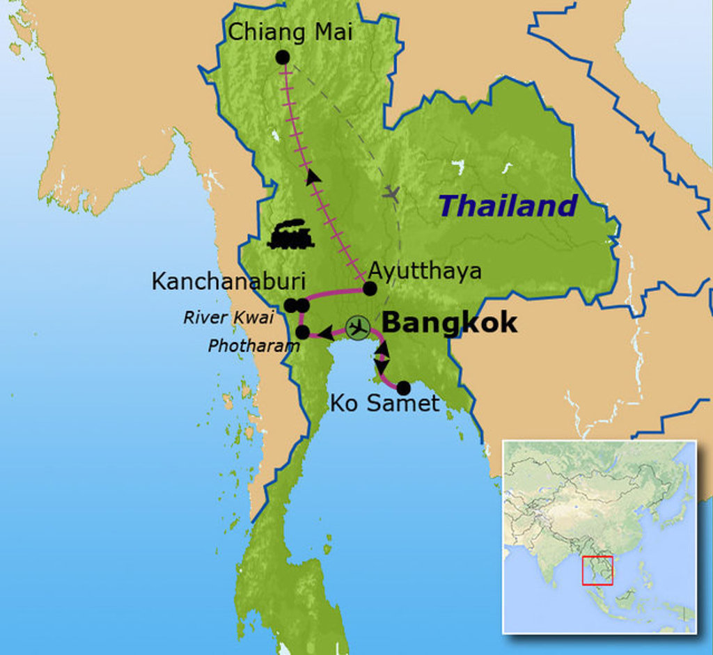 Routekaart Thailand 15 dagen met Bangkok, Ayutthaya, Kanchanaburi, Ko Samet en Chiang Mai.