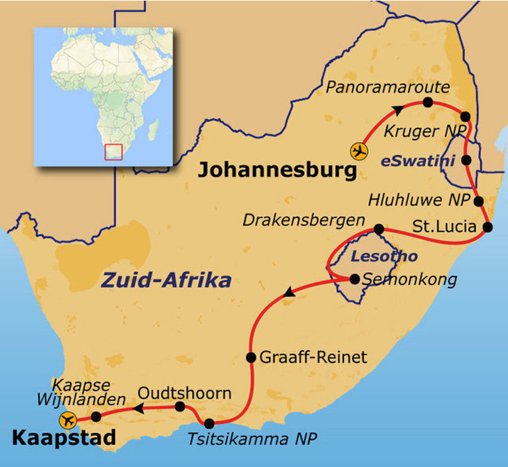 Routekaart Johannesburg–Kaapstad via Kruger NP, eSwatini, Lesotho, St. Lucia, Drakensbergen en Kaapse Wijnlanden.