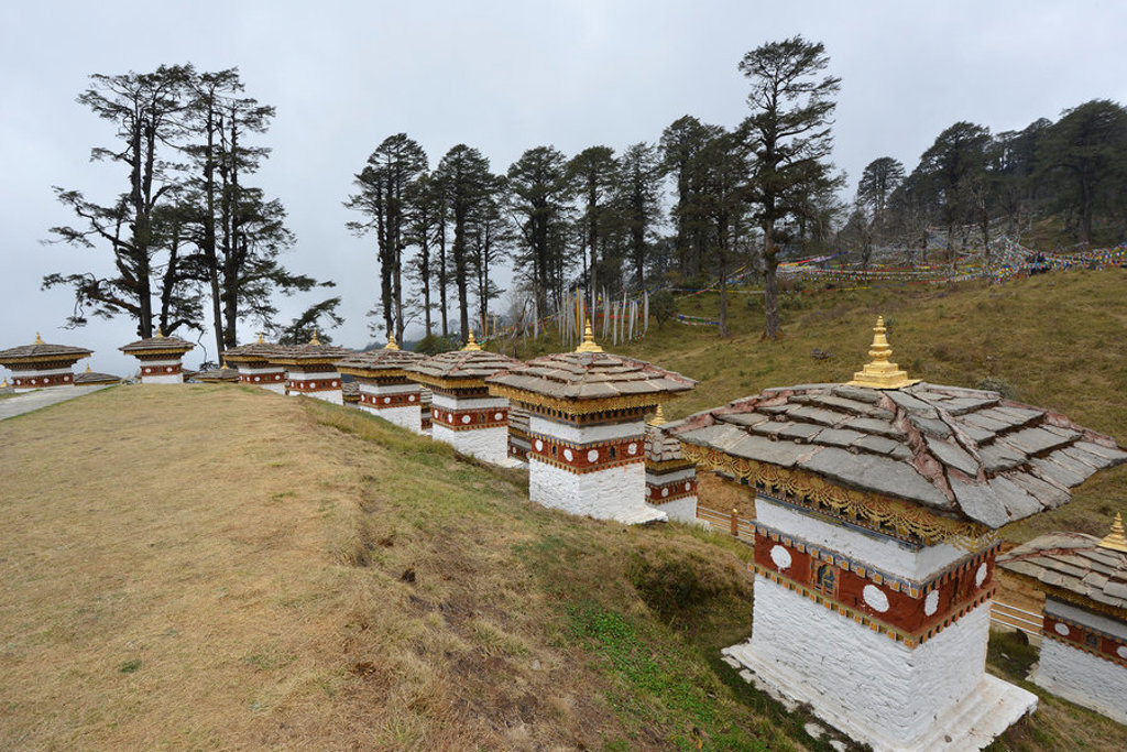 Rij Bhutanese chortens met gebedsvlaggen op een heuvel in de Himalaya, tijdens groepsrondreis Sikkim en Bhutan.