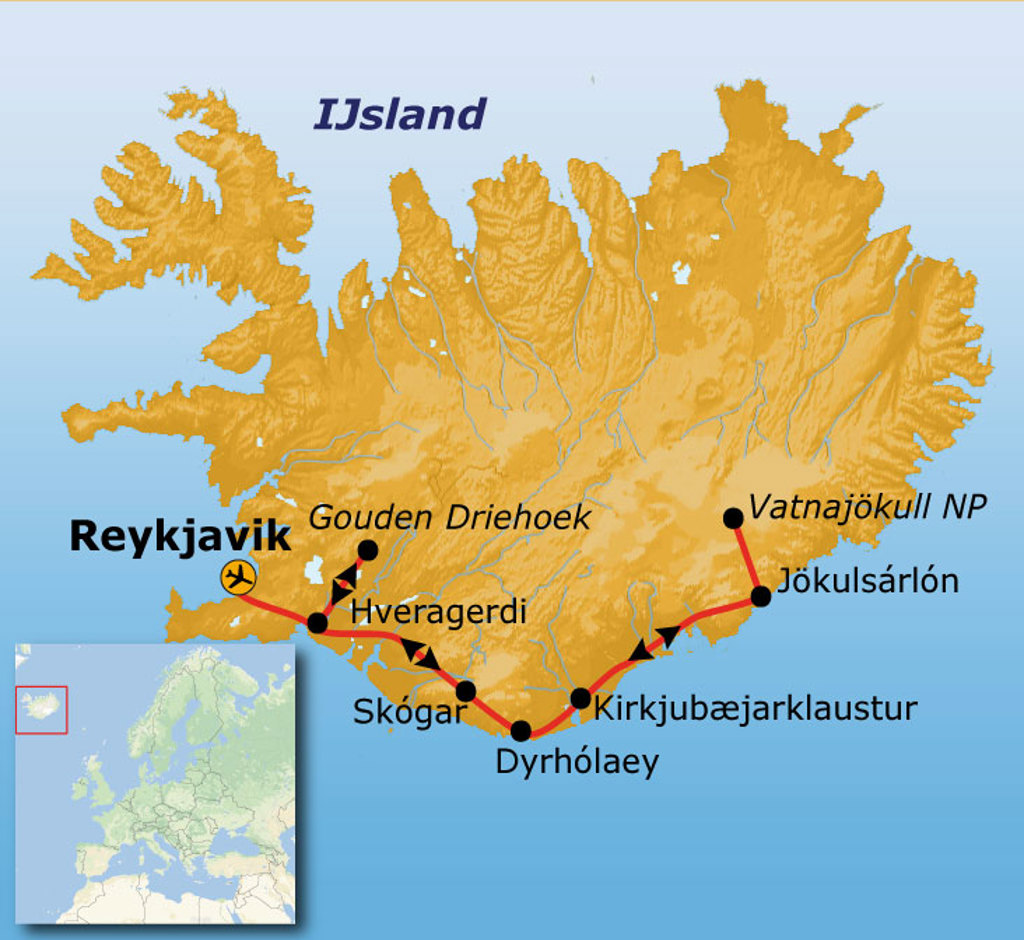 Routekaart IJsland winter met reisroute langs Reykjavik, Skógar, Dyrhólaey, Jökulsárlón en Vatnajökull NP.