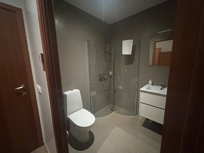 Badkamer van Guesthouse Gerdi met toilet, wastafel en douchecabine.