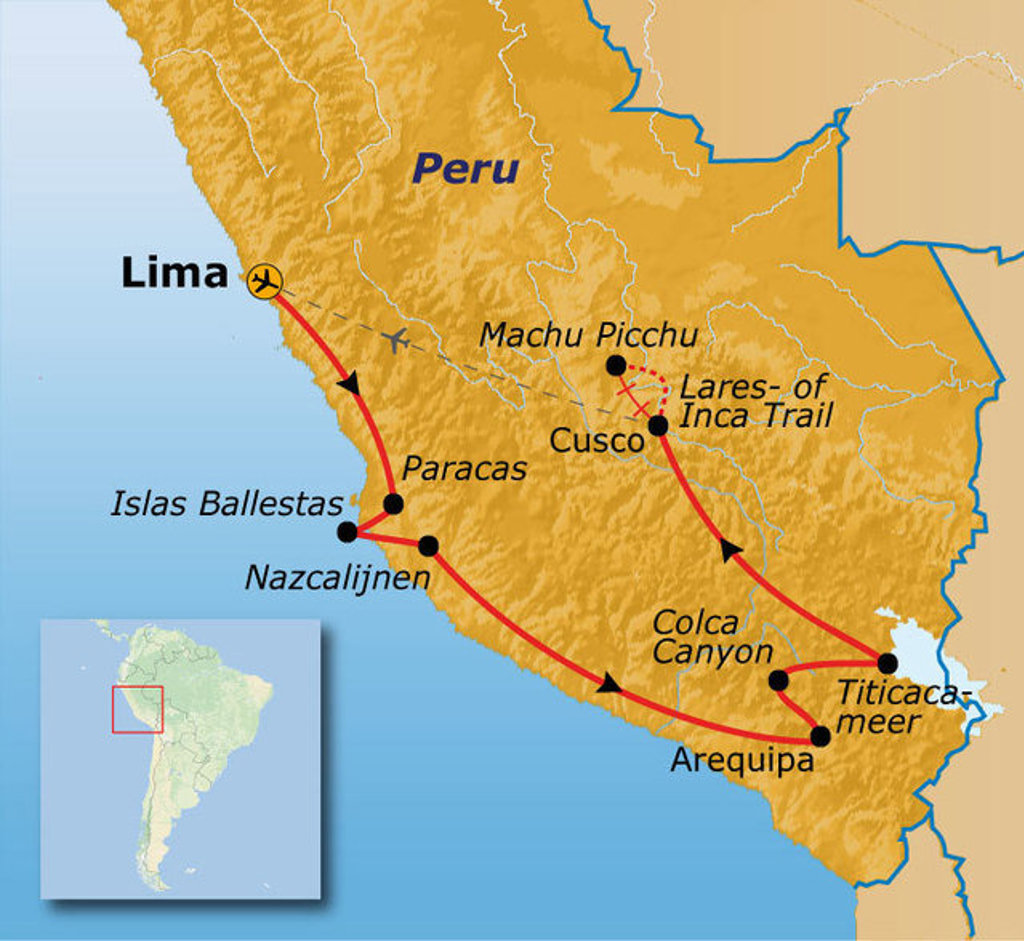 Route Peru kaart met reisroute langs Lima, Paracas, Nazcalijnen, Arequipa, Colca Canyon, Titicacameer, Cusco en Machu Picchu.