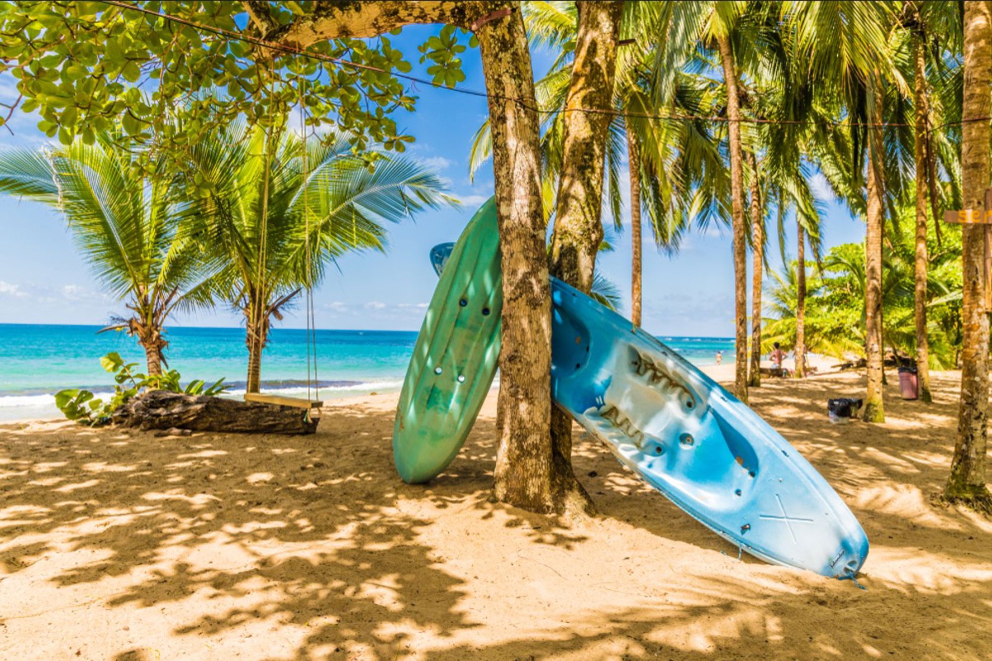Kajaks tegen palmbomen op een tropisch strand aan de kust van Costa Rica.