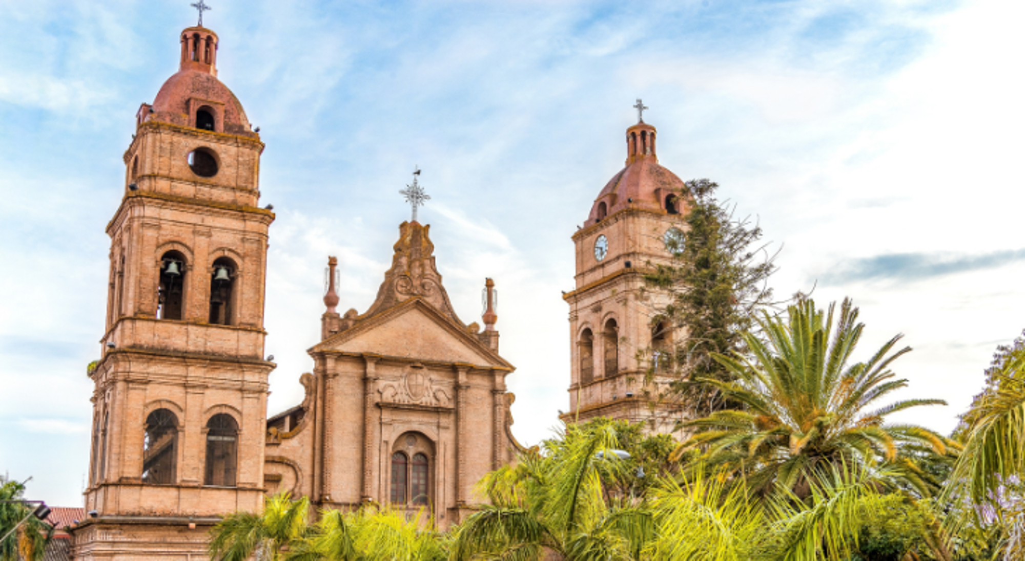Kathedraal van Santa Cruz de la Sierra met twee klokkentorens en palmbomen, Bolivia.