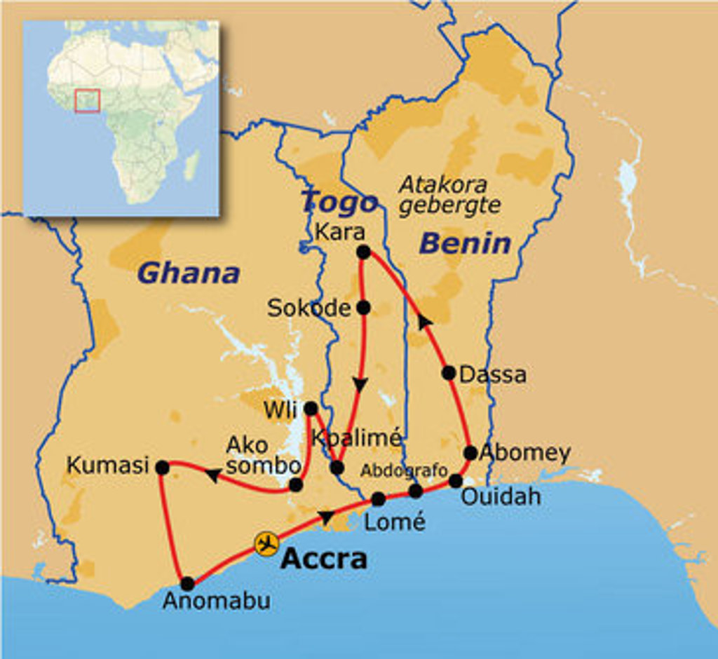 Routekaart Ghana, Togo en Benin met reisroute langs Accra, Lomé, Ouidah, Abomey, Dassa, Kara en Kumasi.