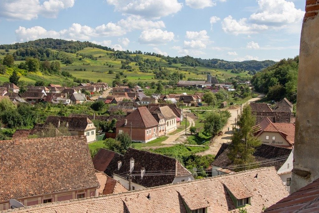 Paarden grazen in een groene weide met een dorp en heuvels op de achtergrond in Roemenië.