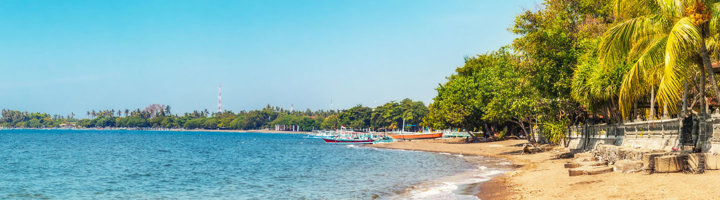 Strand aan de kust van Indonesië met palmbomen, helderblauw zeewater en boten bij de kustlijn.