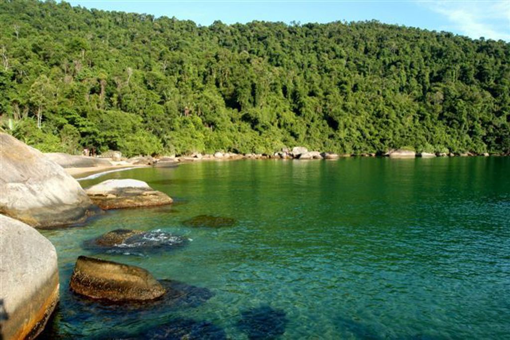 Groene kustlijn met rotsen en helder zeewater tijdens groepsrondreis Brazilië en Buenos Aires.