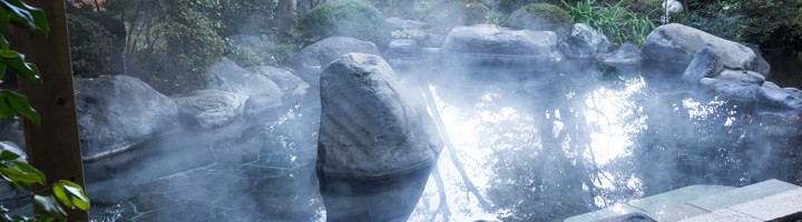 Stomende buitenonsen in Hakone, omringd door rotsen en een Japanse tuin.