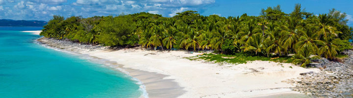 Tropisch eiland met palmbomen en wit zandstrand in helderblauwe zee bij Madagascar.