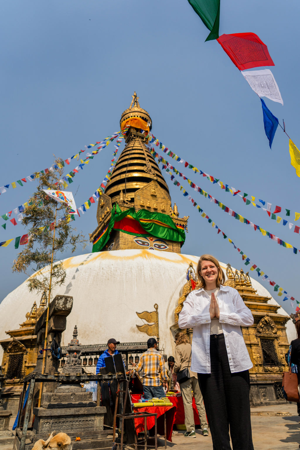 Reiziger bij de Swayambhunath-stoepa in Kathmandu, met gebedsvlaggen tijdens een 22-35ers reis Nepal.