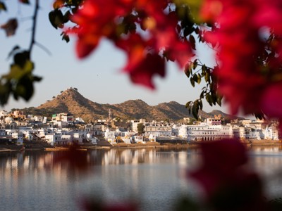 Uitzicht op Pushkar aan het meer met witte gebouwen en heuvels, omlijst door roze bougainvillea.