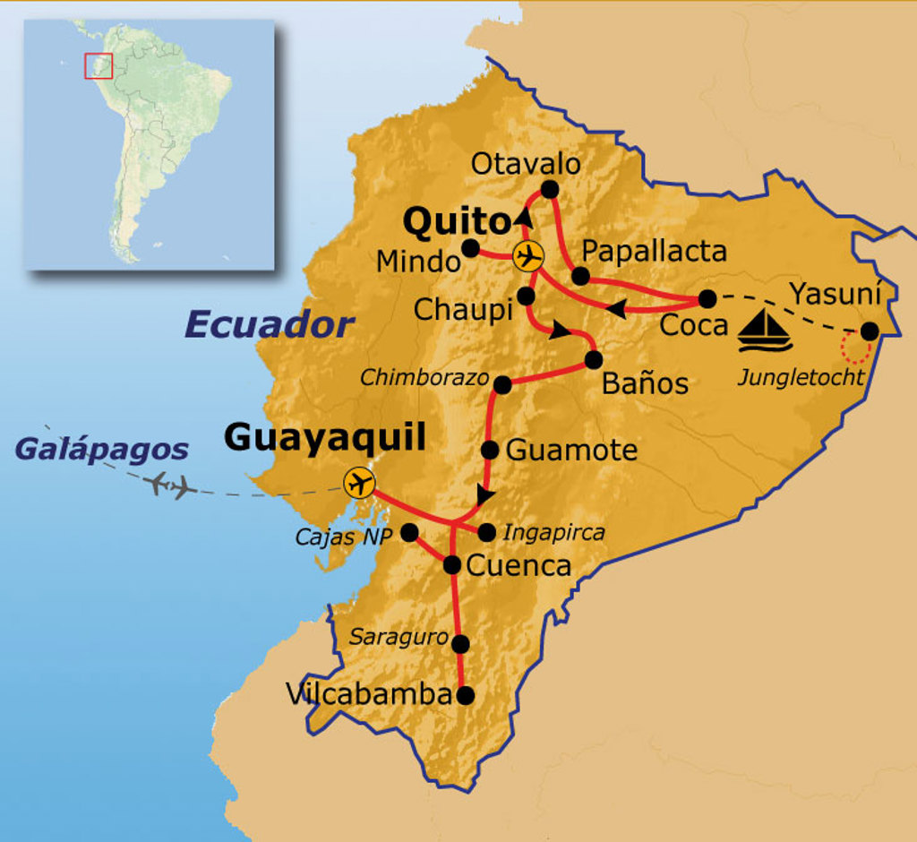 Routekaart Ecuador met reisroute via Quito, Baños, Cuenca, Guayaquil en Yasuní, inclusief vlucht naar Galápagos.