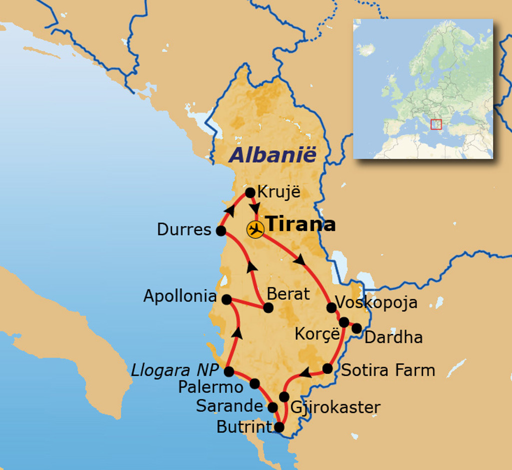 Routekaart Albanië met reisroute langs Tirana, Krujë, Berat, Korçë, Gjirokaster, Sarande en Butrint.