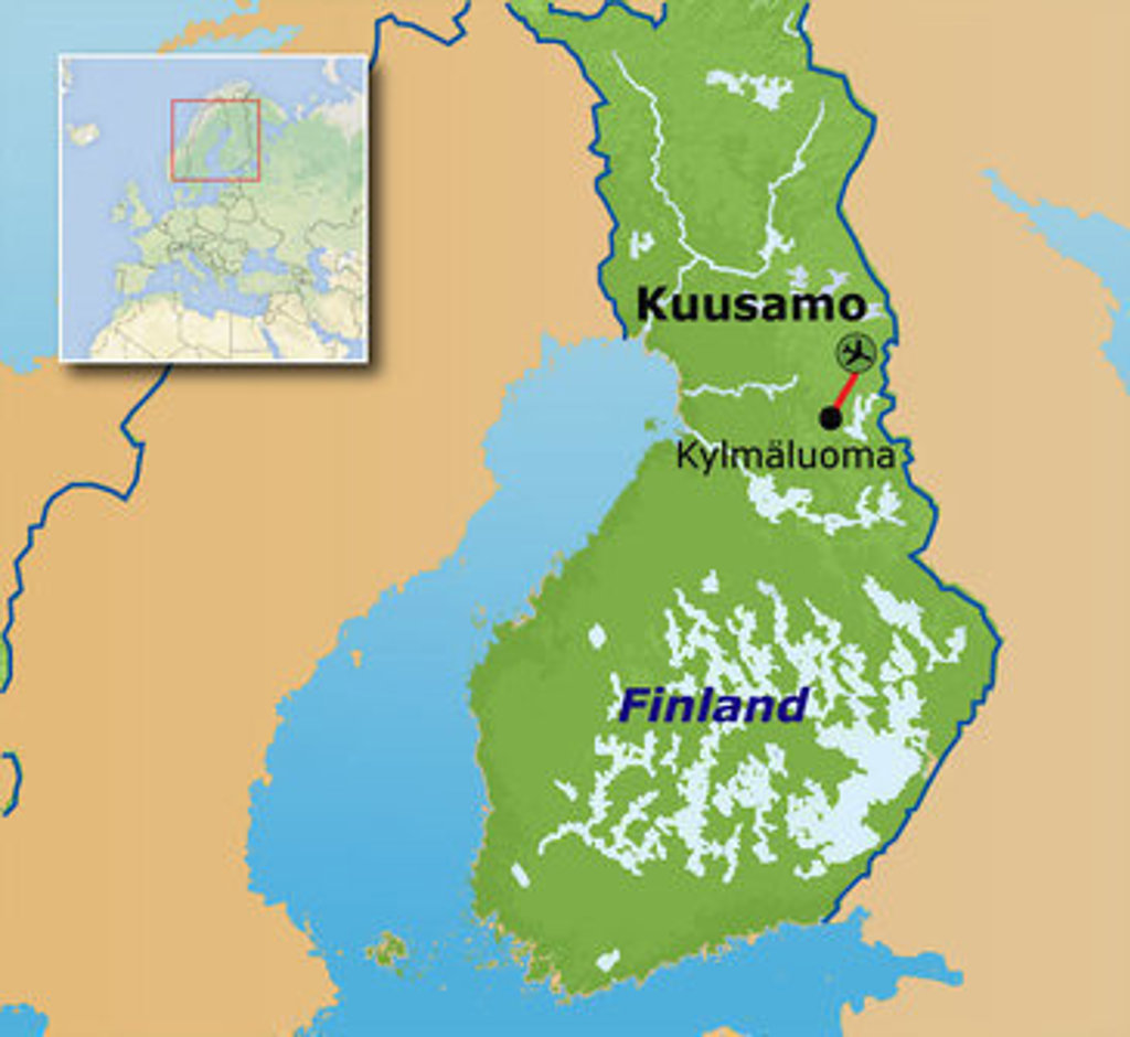 Route Lapland kaart met Kuusamo, Kylmäluoma en vluchtlocatie in Finland.