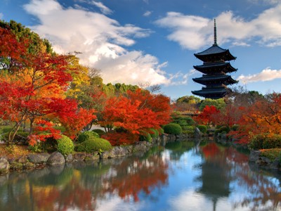 Vijflaagse pagode in Kyoto met herfstkleuren en reflectie in de vijver, route Japan.