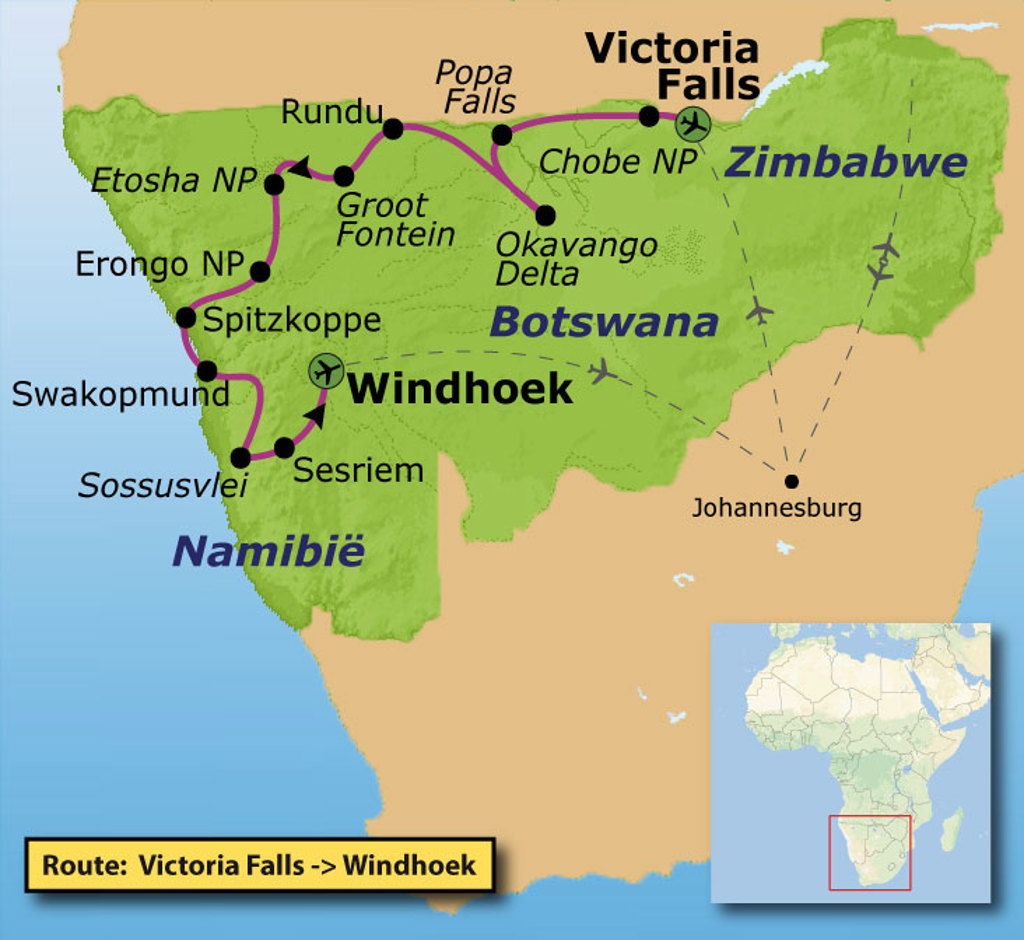 Routekaart Victoria Falls naar Windhoek via Chobe NP, Okavango Delta, Etosha NP, Swakopmund en Sossusvlei.