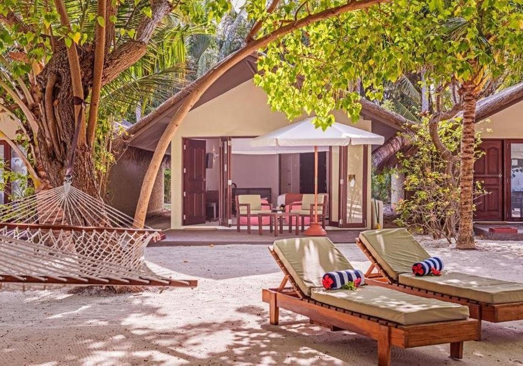 Hangmatten tussen palmbomen op een tropisch strand tijdens groepsrondreis Sri Lanka en Malediven.