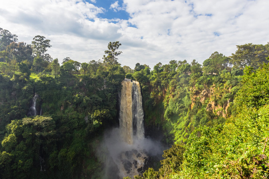 Waterval in groen regenwoud tijdens groepsrondreis Kenia, Tanzania en Zanzibar.