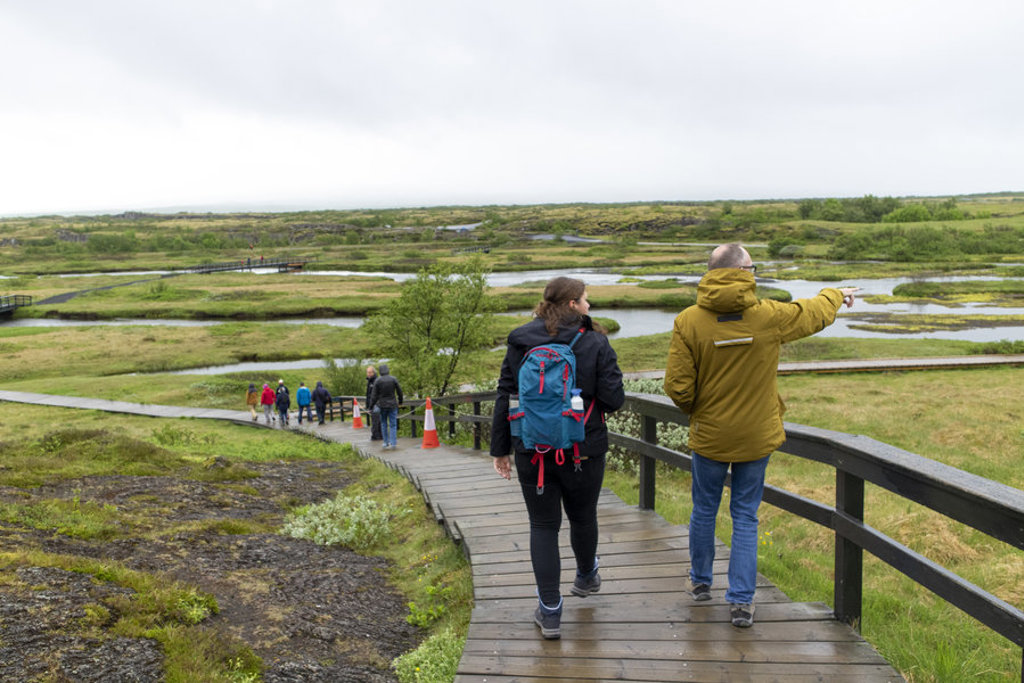 Wandelaars op vlonderpad door groen landschap met riviertjes tijdens groepsrondreis IJsland.