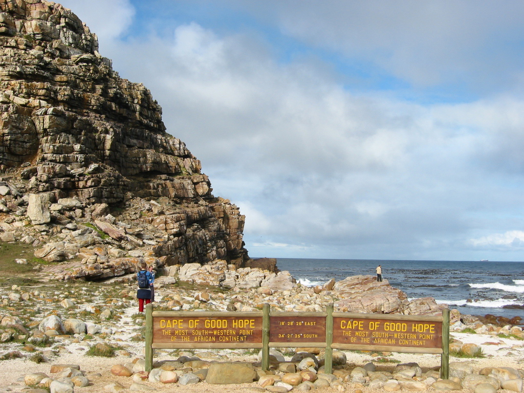 Bord bij Cape of Good Hope aan de rotskust, hoogtepunten van een groepsrondreis Zuidelijk Afrika.