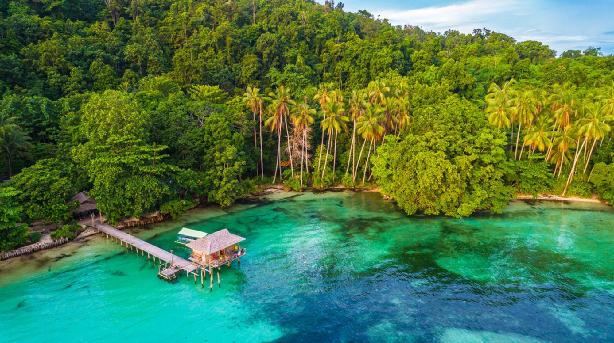 Houten pier met hutje aan turquoise lagune, omringd door palmbomen en tropisch regenwoud in Indonesië.