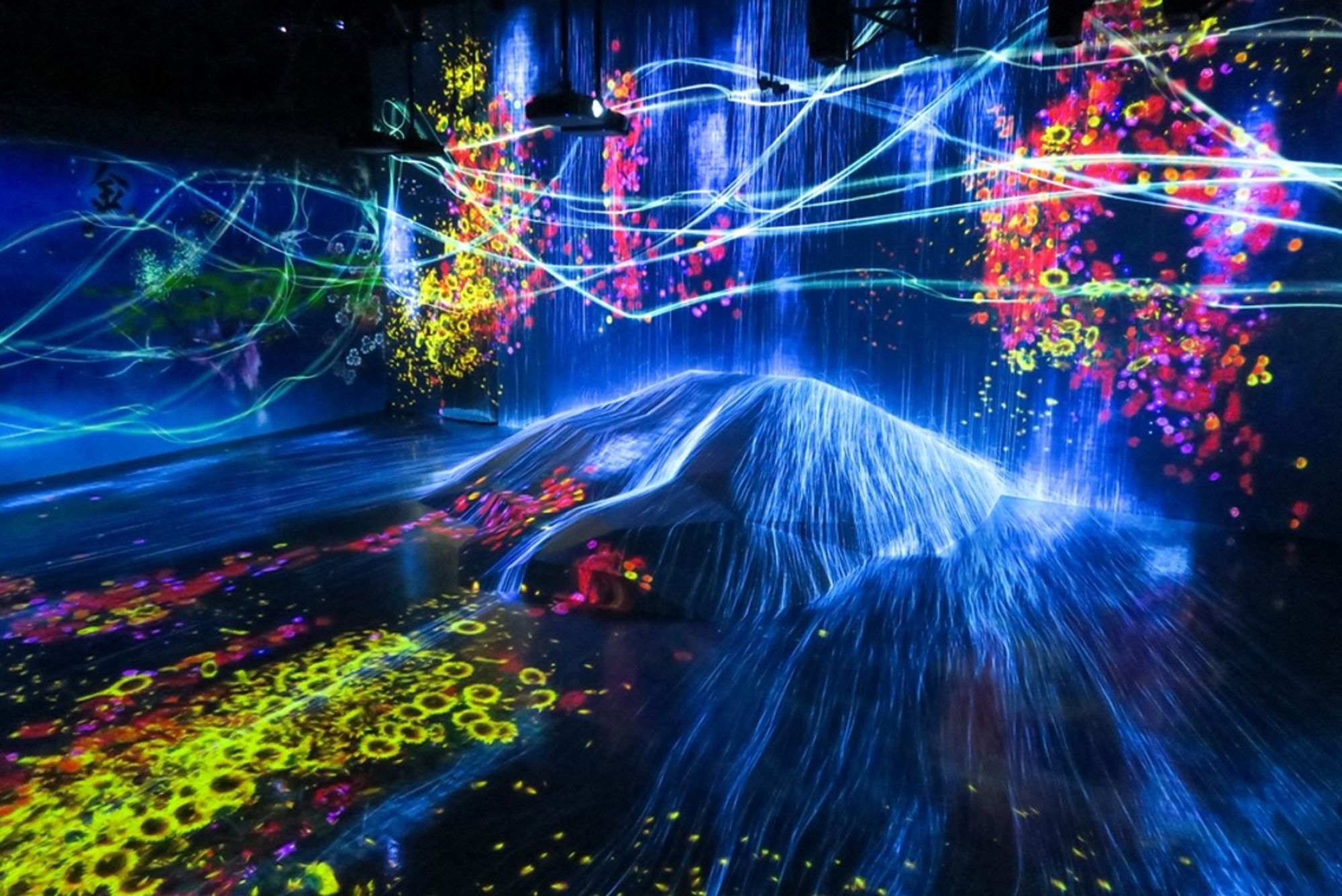 Digitale kunstinstallatie met lichtprojecties en kleurrijke bloemen in teamLab Planets, Tokio, Japan.