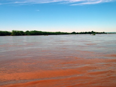 Brede rivier met roodbruin water en groene oever onder blauwe lucht in Madagascar.